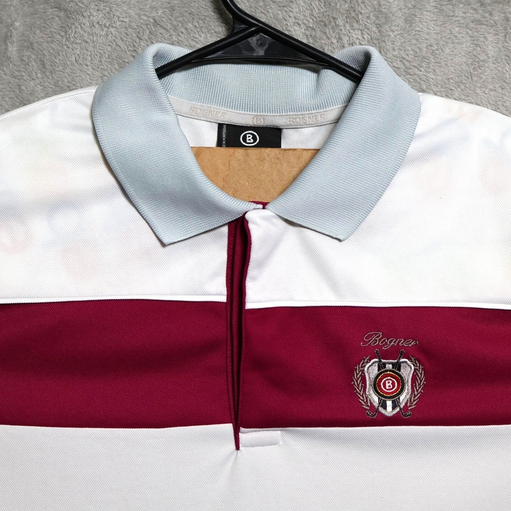 Bogner Polo Shirt Mens Medium White Burgundy Gray Golf Crest Logo Performance
